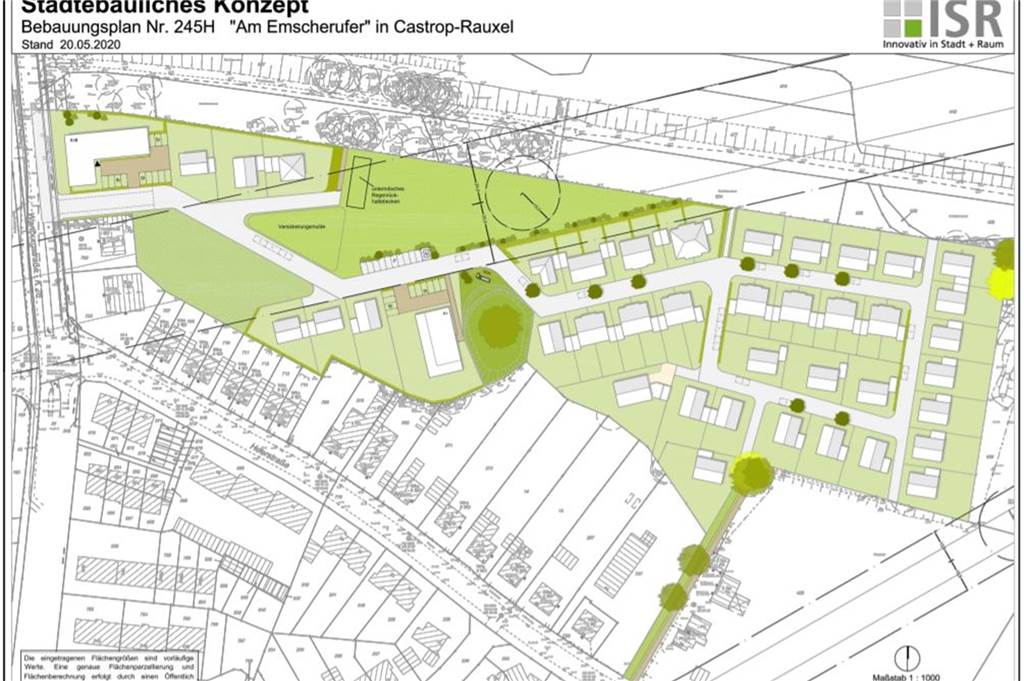 Mit dem Stand vom 20. Mai 2020 siegt die Planung rund um die "Alte Eiche" etwa in der Bildmitte auf dem Gebiet südlich der Emscher und nördliche der Heerstraße so aus wie in dieser aktuellen Skizze. Am rund 250 Jahre alten Baum selbst steht ein Mehrfamilienhaus. Die Straße macht einen Knick um die Grünfläche.