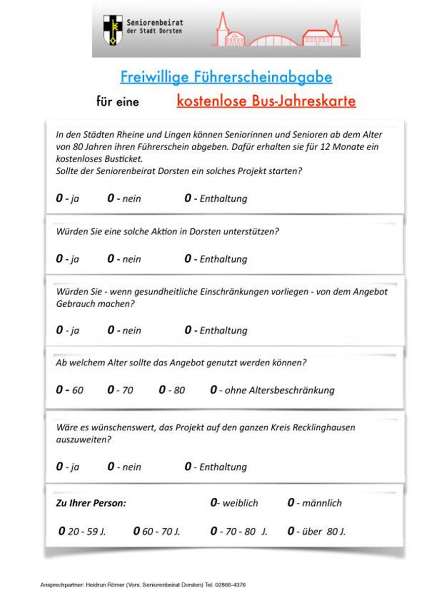 Busticket statt Führerschein - Seniorenbeirat ist dafür Mit diesem Fragebogen fragt der Seniorenbeirat den Bedarf ab.