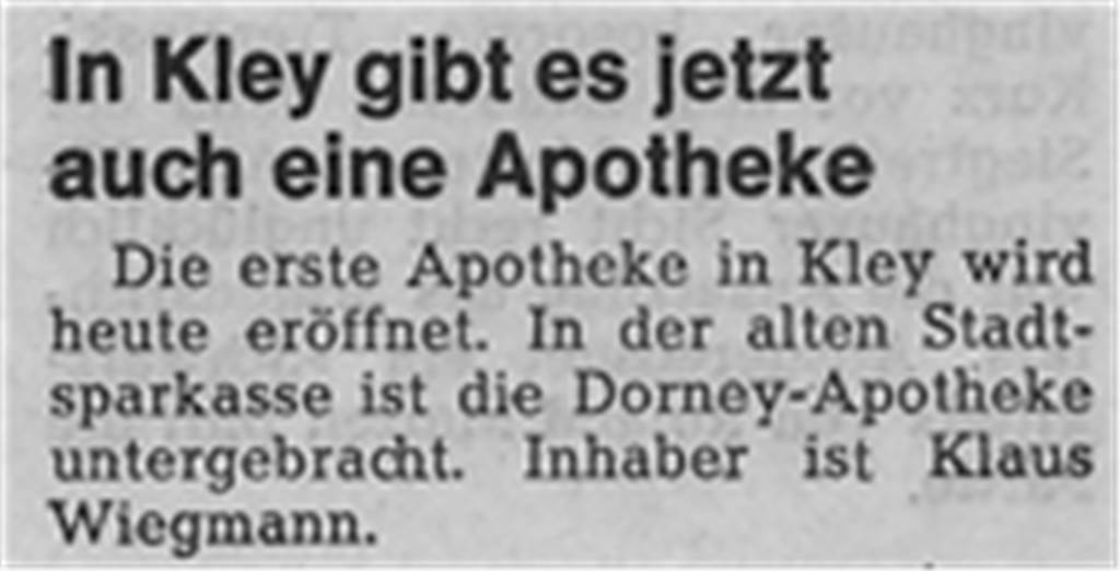 Als vor 40 Jahren die erste Apotheke nach Kley kam ... Mit diesem kleinen Zeitungsausschnitt wurde von der Eröffnung 1979 berichtet.