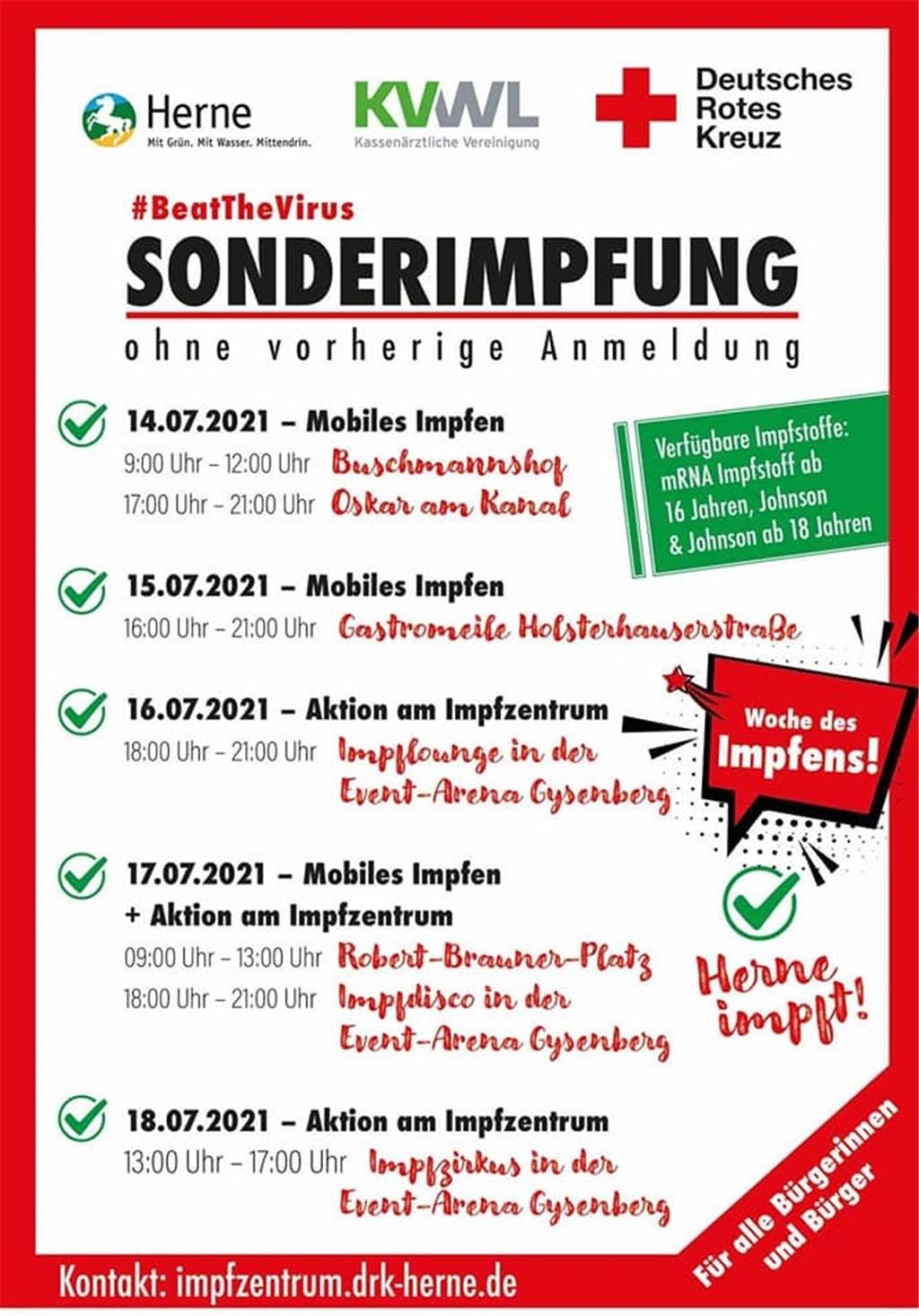 Impfdisco und Impfzirkus: Castrop-Rauxeler Nachbarstadt macht #BeatTheVirus Mit diesem Plakat werben das DRK, die KVWL und die Stadt für die Impfaktion.