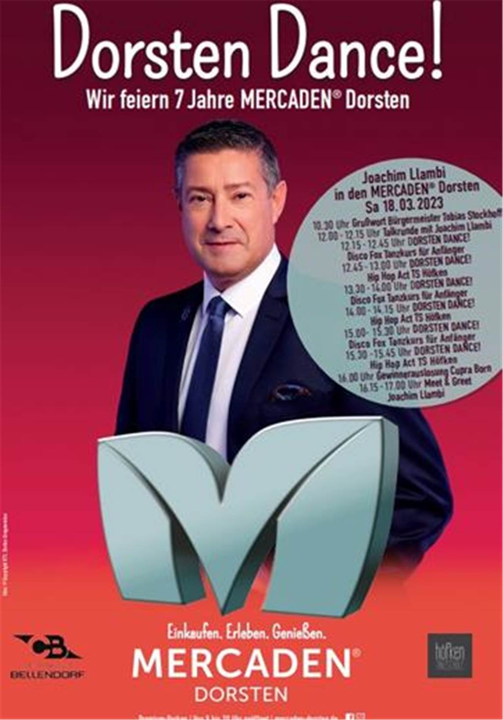 Joachim Llambi gibt Tanzunterricht in den Mercaden Mit diesem Plakat werben die Mercaden für die Feier zum siebten Geburtstag.