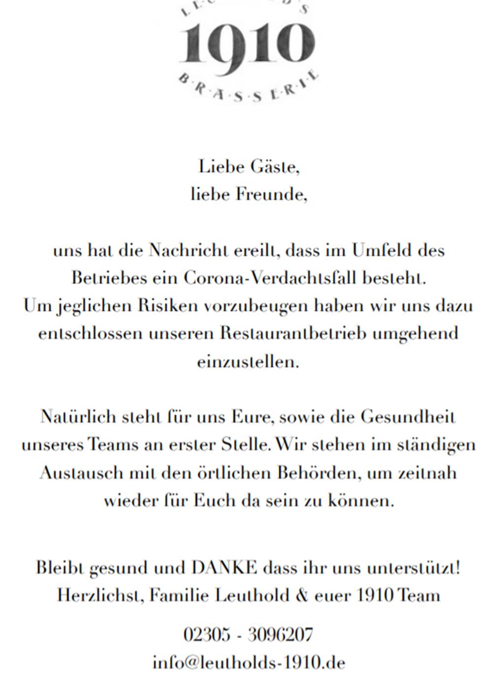 Verdachtsfall: Castroper Altstadt-Café verordnet sich Corona-Pause Mit diesem Schreiben wandte sich das 1910 in der Nacht zu Samstag an die Öffentlichkeit.
