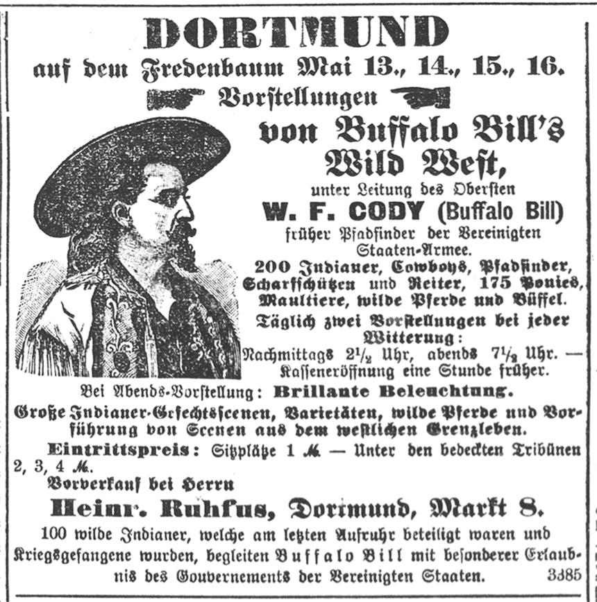 Wie ein legendärer Wild-West-Held vor 127 Jahren nach Dortmund kam Mit diesen Zeitungsanzeigen wurde für die Wildwest-Show in Dortmund geworben.