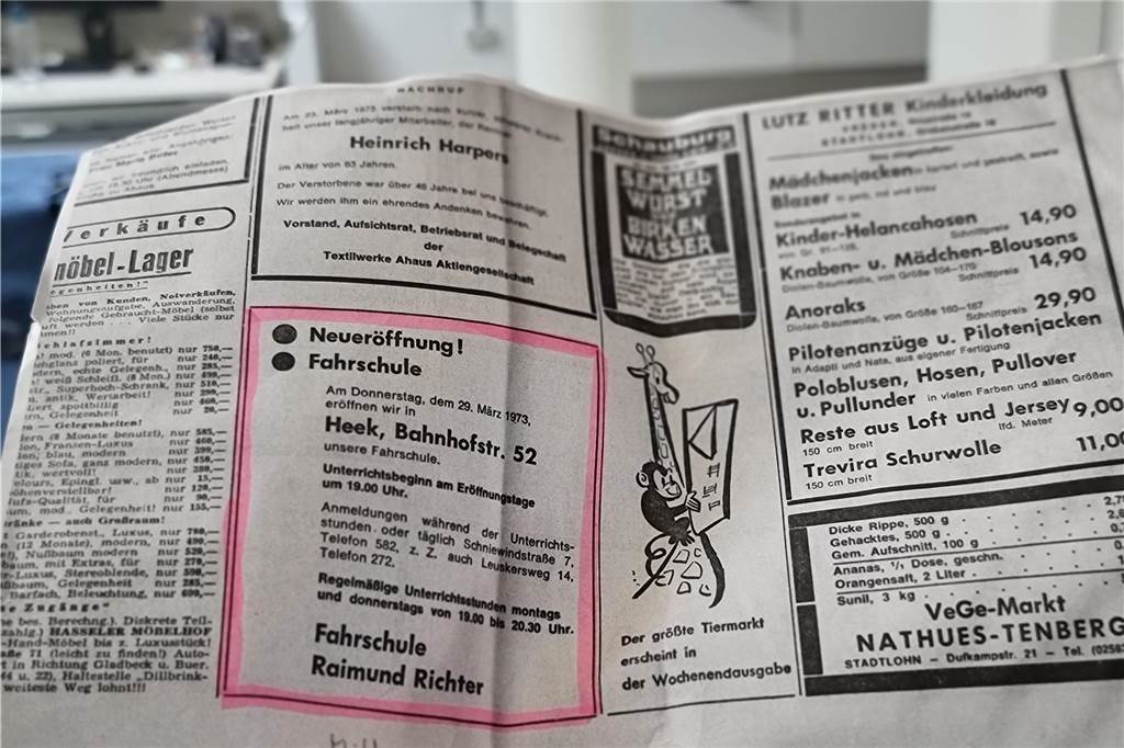 50 Jahre Fahrschule Richter: Familienunternehmen lebt den Beruf als Berufung Mit dieser Anzeige in der Ahauser Kreiszeitung kündigte Raimund Richter 1973 die Eröffnung der Fahrschule Richter in Heek an.