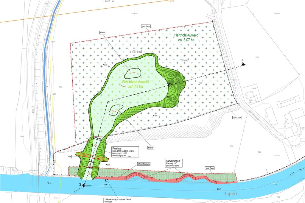 Lippeverband will dem Fluss seinen Lauf lassen Mit einer Flutrinne wird der Hartholz- und Weichholz-Auwald an die Lippe angeschlossen. Bei Hochwasser werde ein Teil des Wassers auf der 4,5 Hektar-Fläche „geparkt“, sagt Anne-Kathrin Lappe, Sprecherin des Lippeverbands.
