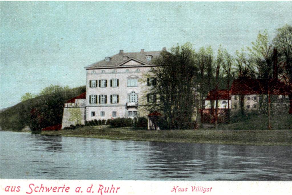 Villigst: Schöner Wohnen im Grünen, aber ohne Hausarztpraxis und Lebensmittelgeschäft Mit freiem Blick auf die Ruhr präsentiert sich das Herrenhaus von Haus Villigst auf der Postkarte aus dem Jahre 1899. Die Weiden am Flussufer wurden erst später gepflanzt und gehören nicht zum Parkkonzept.