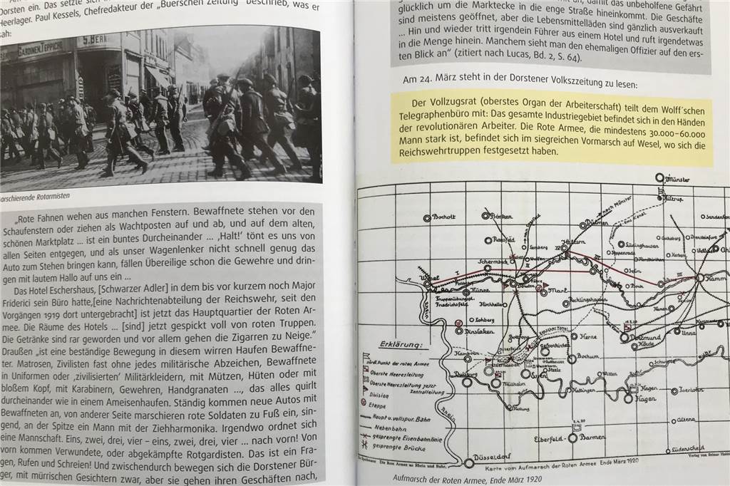 Spannende und informative Zeitreise in die Geschichte von Dorsten Mit Karten, alten Fotos und unterschiedlichen Farb-Unterlegungen der Texte (hier zum Beitrag "Revolution und Rote Armee") ist das Buch ansprechend layoutiert.