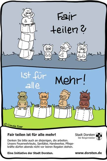 Hinweisschilder und Co: Was bleibt nach drei Jahren Corona? Mit Plakaten setzte sich die Stadt Dorsten für eine faire Verteilung von Mitteln des alltäglichen Bedarfs ein.