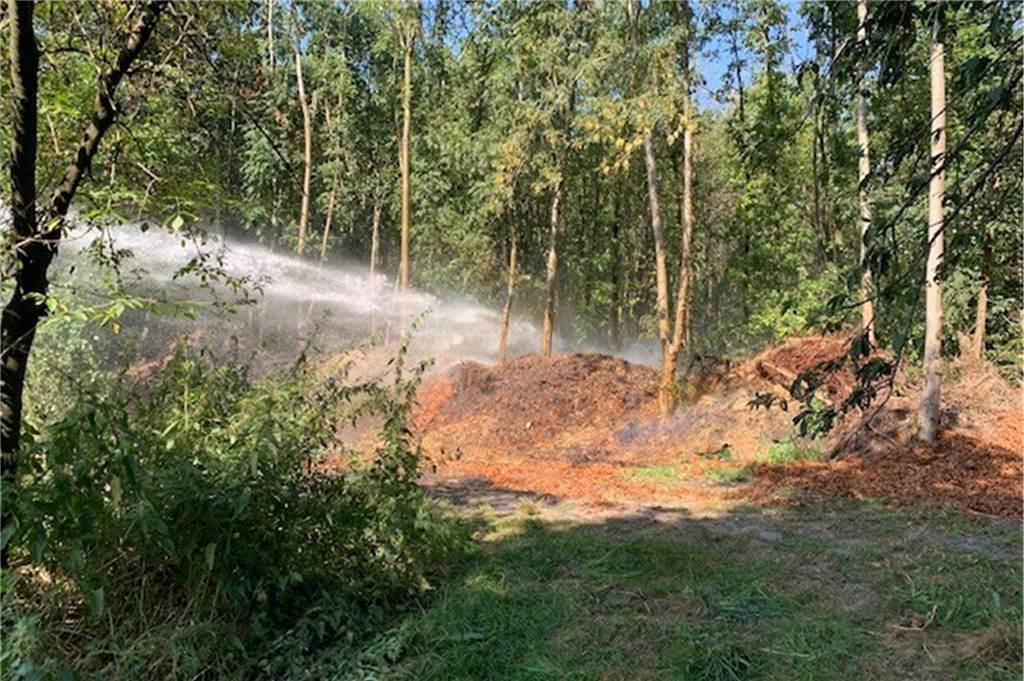 Feuerwehr schießt Wasser vom Dach auf Schwelbrand in Castrop-Rauxel Mit viel Wasser schützte die Feuerwehr die umliegenden Weiden, Wiesen und den Wald in Bladenhorst.