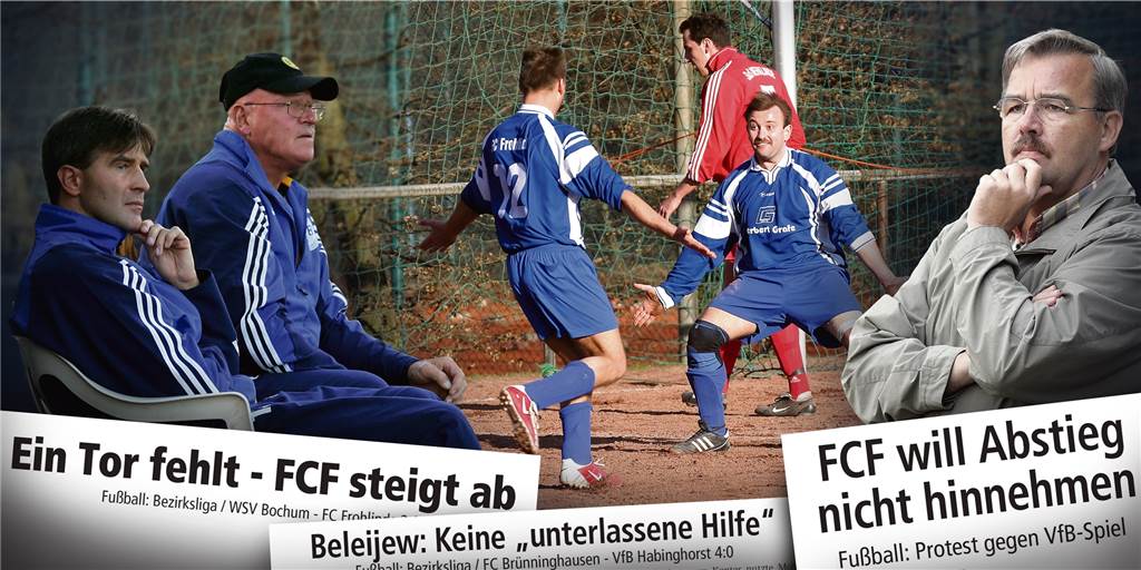 2004 fehlte dem FC Frohlinde nur ein Tor gegen den Abstieg Mitte März hatte Gregor Michulka (Bildmitte, rechts), Goalgetter des FC Frohlinde Grund zur Freude. Beim 2:2 im Bezirksliga-Derby an der Brandheide gegen den SuS Merklinde gelang ihm nach einem 0:2-Rückstand der 2:2-Ausgleichstreffer. Das schien ein wichtiger Punktgewinn im Abstiegskampf zu sein, war rückblickend aber zu wenig. Das belegen die späteren Schlagzeilen im Juni. Denn die Frohlinder mit Trainer Udo Drees (r.) stiegen ab, obwohl sie mit dem Viertletzten FC Brünninghausen punktgleich und auch bei der Tordifferenz gleichauf lagen. Am Ende kassierte der VfB Habinghorst mit Coach Dieter Beleijew (l.) ein Tor zu viel im abschließenden Saisonspiel in Brünninghausen. Beleijew betonte: „Das war keine unterlassene Hilfe.“