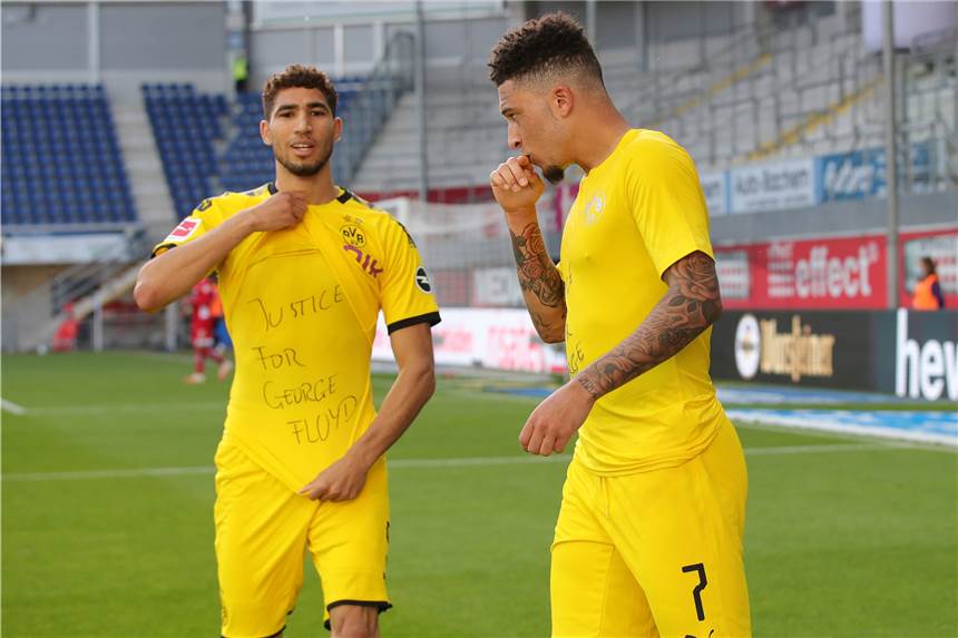 Protestaktionen der BVB-Spieler Sancho und Hakimi bleiben ohne Sanktion Müssen keine Konsequenzen fürchten: Jadon Sancho (r.) und Achraf Hakimi.