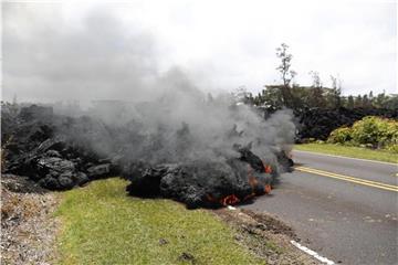 Nach dem Ausbruch des Kilauea auf Hawaii walzt sich ein Lavastrom über eine Straße. 1700 Anwohner waren zuvor auf den möglichen Ausbruch hingewiesen und vorsichtshalber zum Verlassen ihrer Wohnungen aufgefordert worden. Foto: Marco Garcia