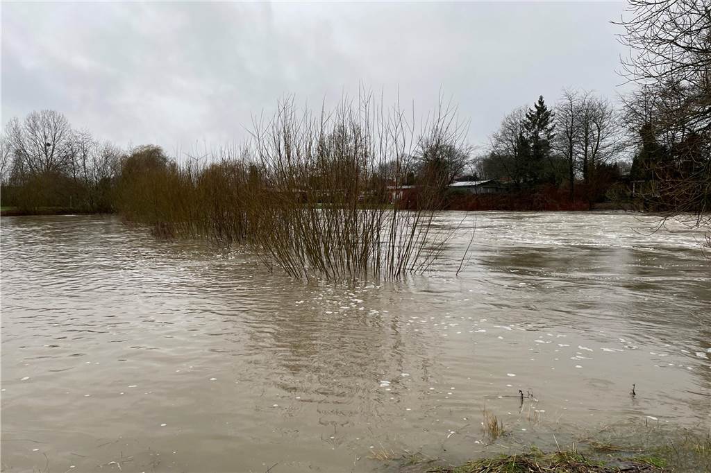 Nach dem vielen Regen der vergangenen Tage ist der Stever-Pegel stark gestiegen und liegt an der Messstelle Füchtelner Mühle in Olfen deutlich über zwei Meter. Auf flussnahen landwirtschaftlichen Flächen konnte es dadurch zu Überschwemmungen kommen.