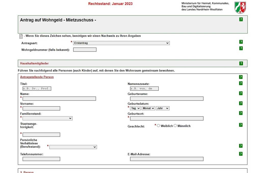 Stadt reagiert mit Maßnahmen auf Wohngeld-Reform Screenshot eines Online-Wohngeldantrages