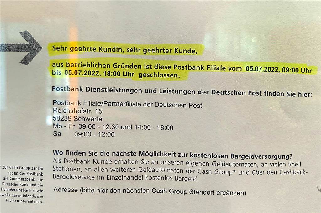 Nicht nur der Geldautomat war am Dienstag (5.7.) immer noch defekt. Auch am Schalter der Postbank in Schwerte gab es kein Bares, da die Filiale überraschend „aus betrieblichen Gründen" geschlossen war.
