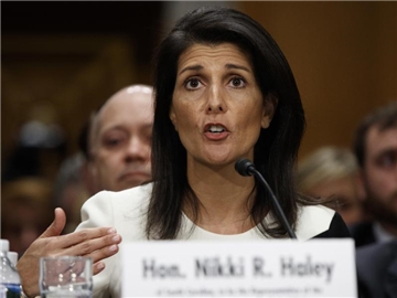 Nikki Haley: "Wie lange will Russland das syrische Regime noch babysitten und Ausreden erfinden?" Foto: Evan Vucci