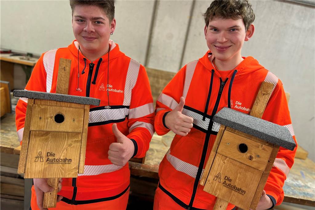 Kampf gegen Eichenprozessionsspinner: Vogelhäuschen an der A 31 Niklas Dopp und Tim Kläsener bauen in der Werkstatt der Autobahnmeisterei Dorsten Vogelhäuser für Kohlmeisen