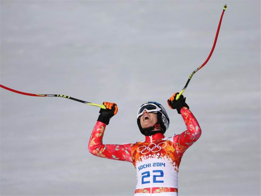 Höfl-Riesch feiert nächsten Coup im Super-G Noch eine Medaille: Im Ziel schreit Maria Höfl-Riesch ihre Freude heraus. Foto: dpa