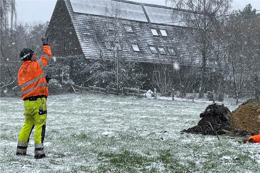 Noch einmal prüfen, ob der Mast lotrecht steht - dann können die Bauarbeiten beendet werden. Die Bauarbeiter werden in den nächsten Tagen das alte Nest abbauen und das Material auf den neuen Horst schaffen.