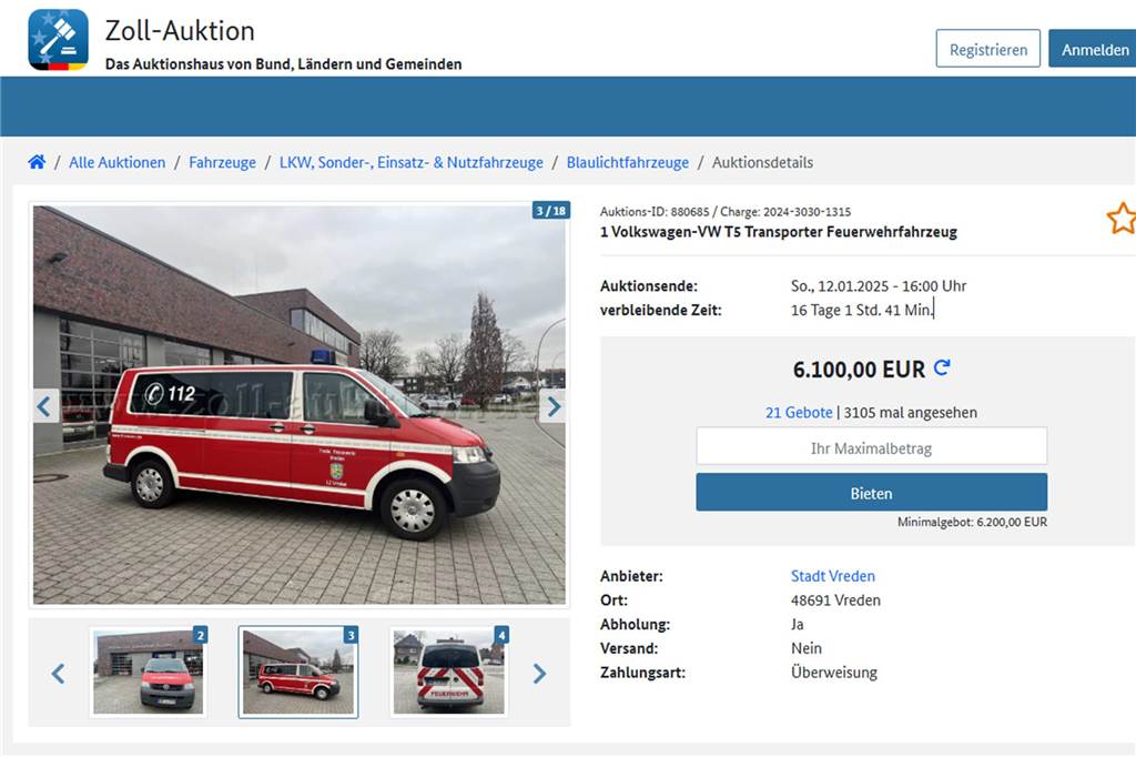 Noch stehen die Gebote auf das Vredener Feuerwehrauto bei 6.100 Euro (Stand: 27. Dezember).