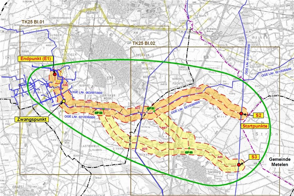 Wasserstoffleitung HEP: Jetzt können die Heeker Einfluss nehmen Noch stehen diese beiden Trassenverläufe zur Auswahl. Das Raumordnungsverfahren soll aufziegen, welche der beiden Varianten raumverträglicher ist.