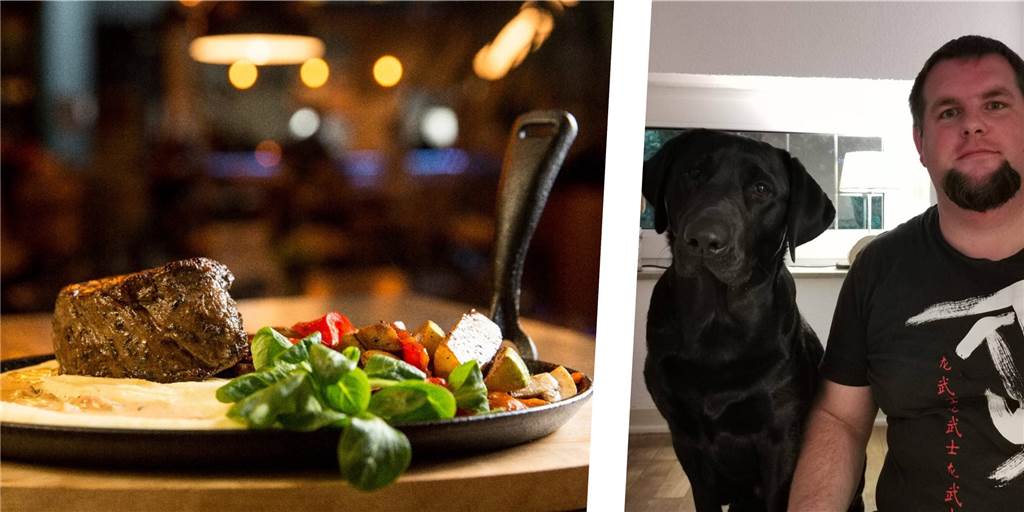 Nach Hundeverbot im Restaurant in Werne: Wie hundefreundlich sind Lüner Restaurants? Ein schön angerichtetes Gericht in einem Lokal. Daneben: Alexander Halbe mit seinem Hund.