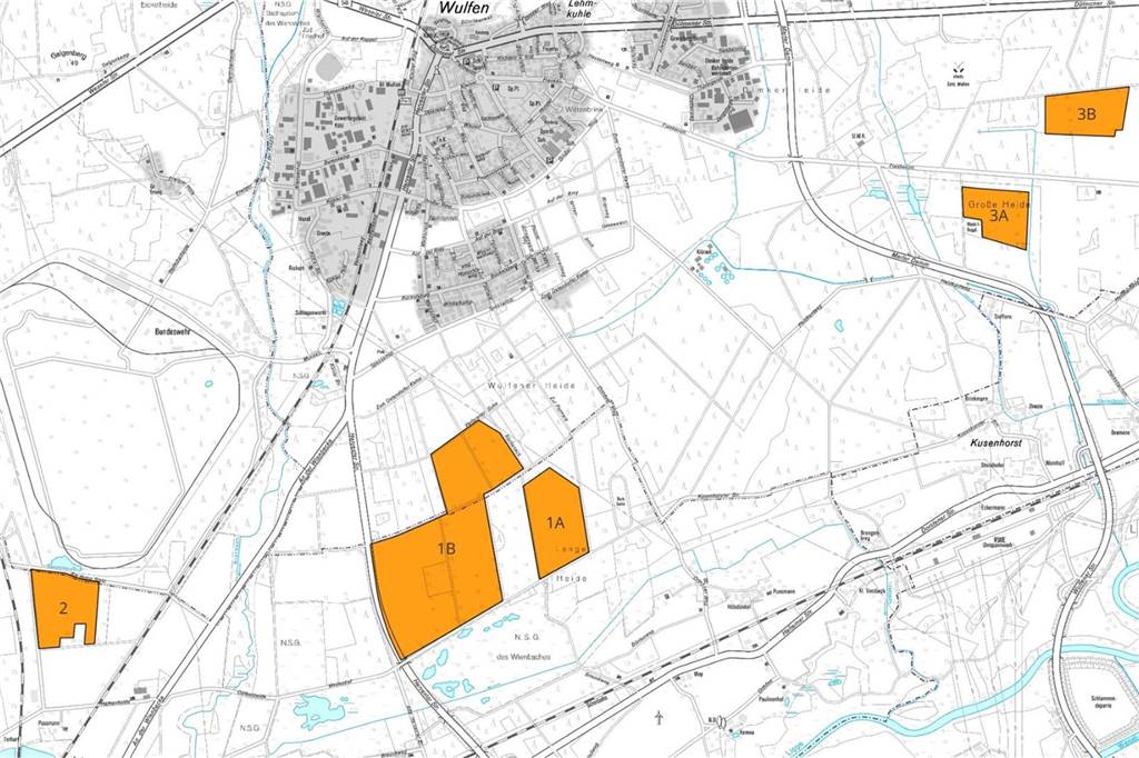 Karten zeigen Potenzial-Standorte für Konverter Orange markiert sind die Konverter-Potenzialstandorte südlich der B58 in Dorsten.