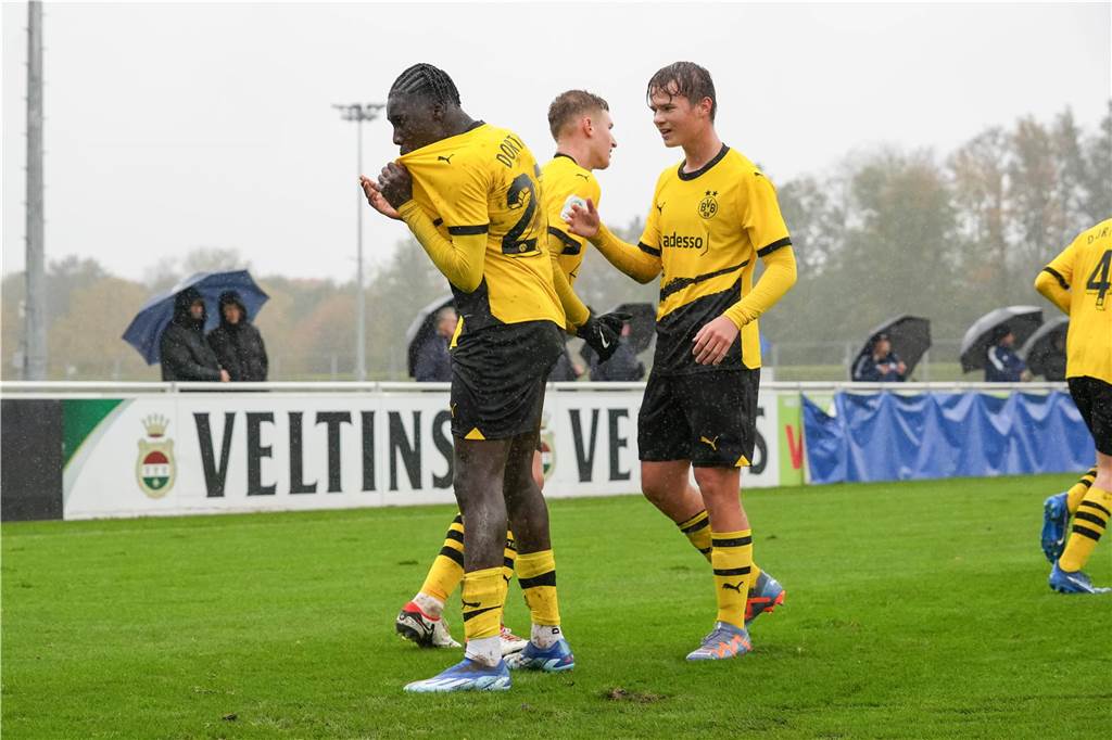 Ousmane Diallo küsst das BVB-Wappen auf seinem Trikot.