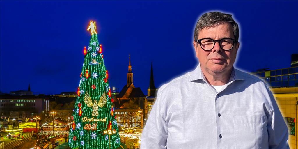 Sorge um Dortmunds Weihnachtsmarkt 2022: Schausteller-Chef fürchtet „Todesstoß“ Patrick Arens, Vorsitzender des Dortmunder Schaustellervereins Rote Erde vor der Kulisse des beleuchteten Dortmunder Weihnachtsmarktes.