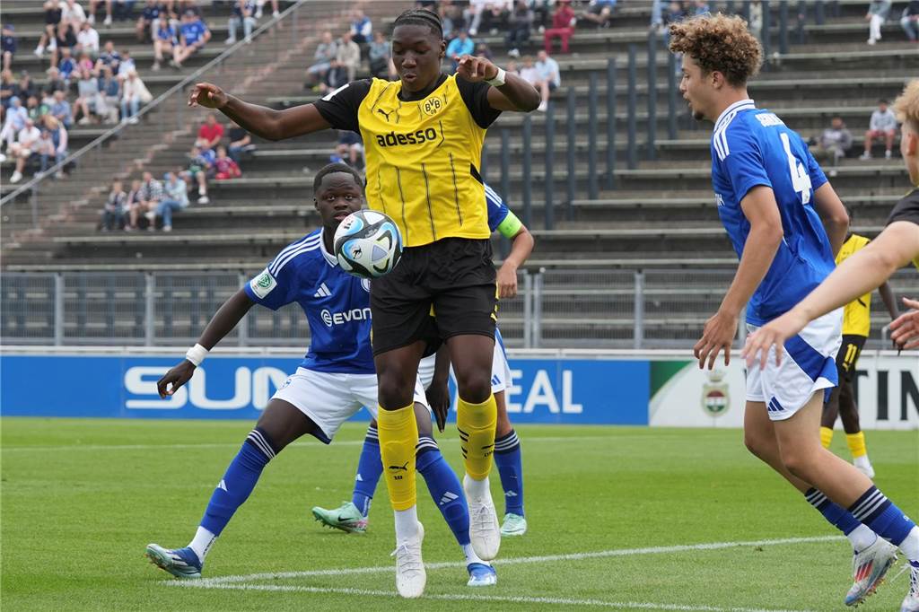 BVB-U19 will gegen den FC Schalke 04 nachlegen: Revierderby im Live-Ticker Pharell Kegni führt einen Zweikampf.