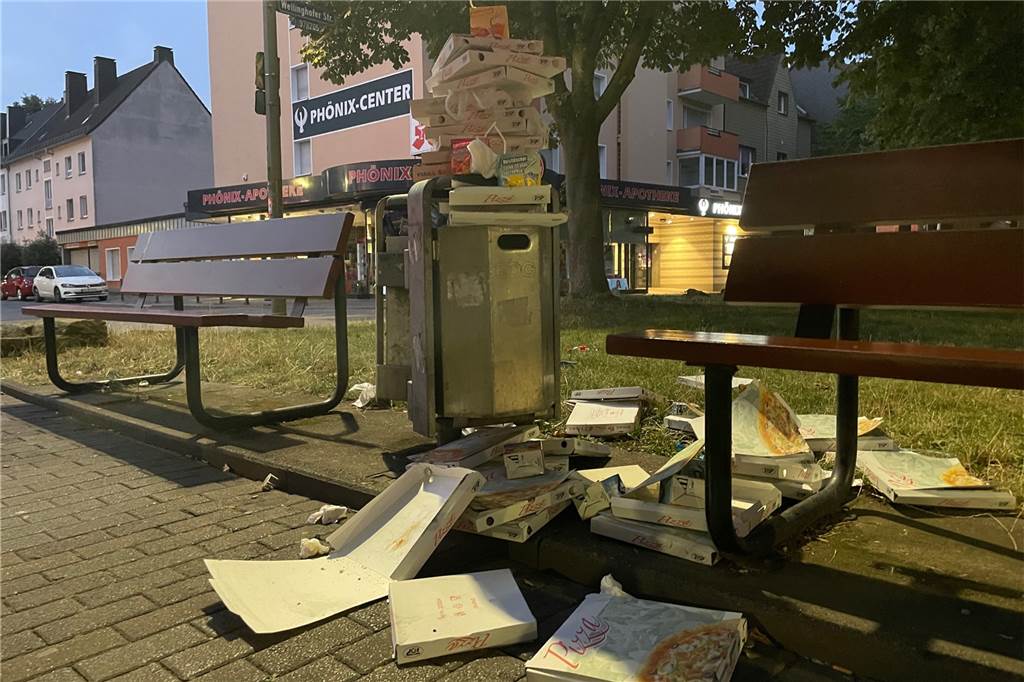 Grüninsel am Phoenix-Center fast täglich durch Pizza-Kartons zugemüllt Pizza- und Getränkekartons verschandeln den Platz