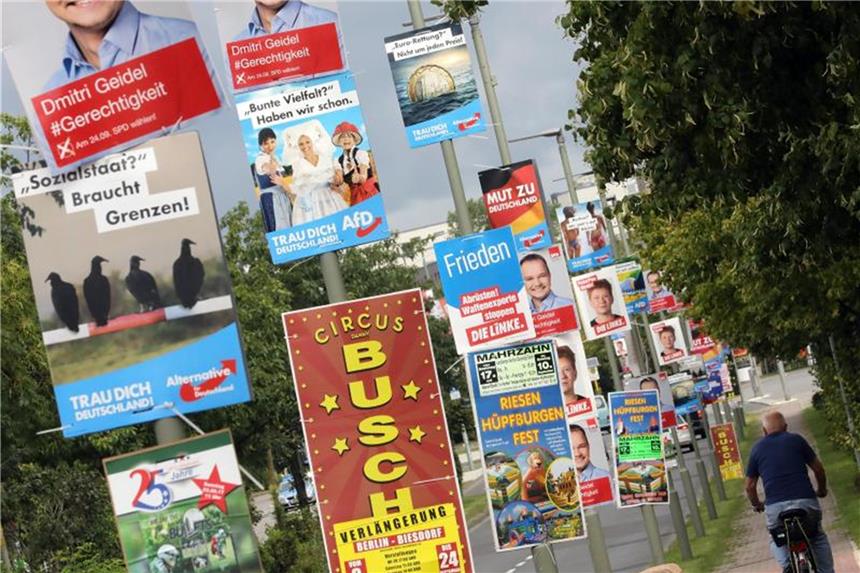 Anhänger von Union und AfD haben besonders wenig gemeinsam Plakate für die Bundestagswahl 2017: Beim Urnengang nahm die AfD der Union viele Wählerstimmen ab. Foto: Wolfgang Kumm