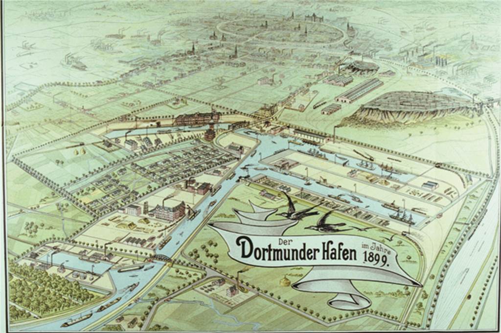 Hafen wird 120 Jahre – mit historischen Fotos vom Kaiserbesuch und einer riesigen Attrappe Plan vom Dortmunder Hafen im Eröffnungsjahr.