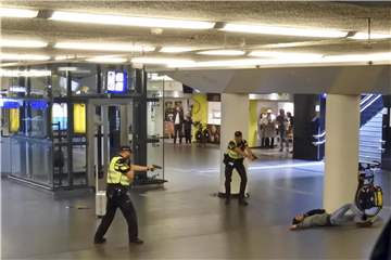 Polizisten richten ihre Waffen auf den 19-Jährigen, der zwei Menschen im Hauptbahnhof von Amsterdam niedergestochen hatte. Foto: Tdwholesale
