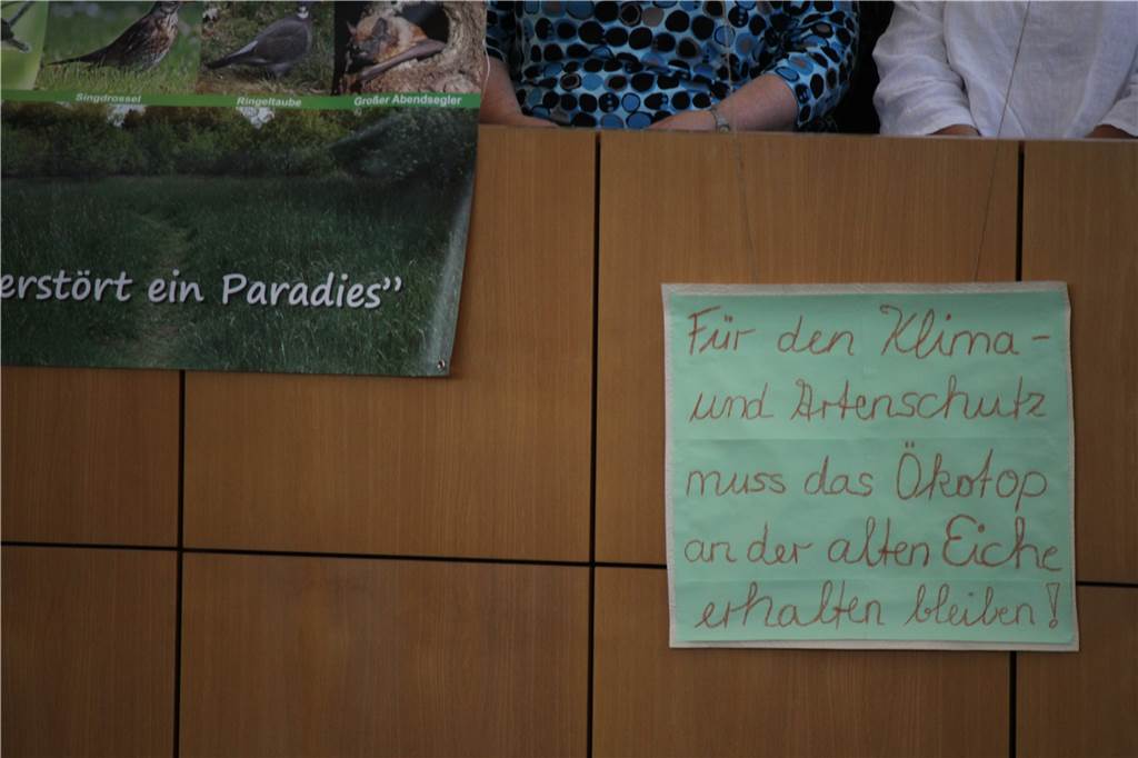 Klimazahlen-Chaos: Wem kann man im Kampf gegen den Klimawandel in Castrop-Rauxel trauen? Protestplakat zum Erhalt der alten Eiche am Donnerstagabend im Ratssaal.