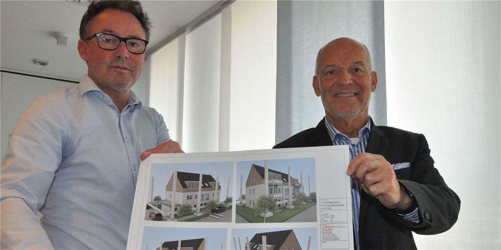 Rainer Heubrock (r.), Geschäftsführer der Wohnungsgenossenschaft Lünen (WBG), konnte für das Mehrfamilienhaus aus dem 3D-Drucker den Architekten Lothar Steinhoff gewinnen. Er baut zurzeit in Capelle das erste öffentliche Gebäude in Europa nach diesem Verfahren.