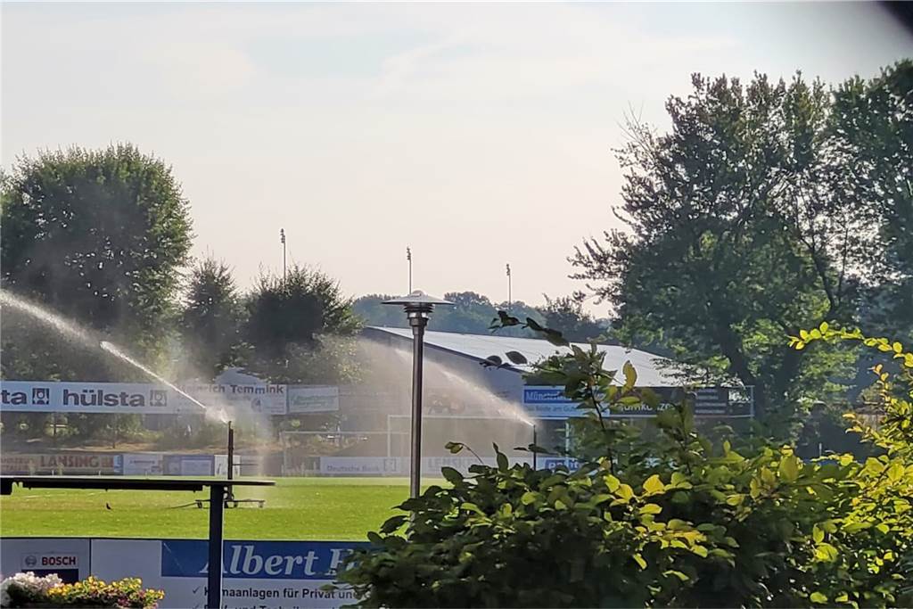 Rasensprenger sorgen im Losbergstadion dafür, dass das Grün überlebt. So soll der Schul- und Vereinsport nach den Sommerferien sichergestellt werden.