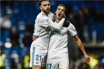 Real-Profi Lucas Vazquez (r) feiert einen seiner Treffer mit Teamkollege Borja Mayoral. Foto: Enrique de la Fuente/Shot for pr