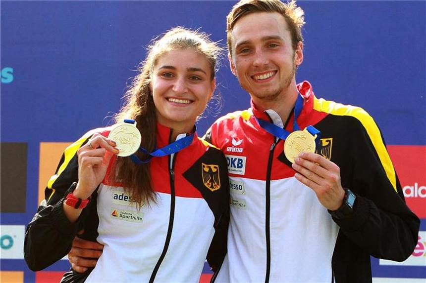 Rebecca Langrehr und Fabian Liebig gewannen WM-Gold in der Mixed-Staffel. Foto: Francisco Estrada/NOTIMEX