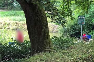 Rechts das Verbotsschild, links die Person, die fleißig Enten und Gänse am Stadtsee Werne füttert.