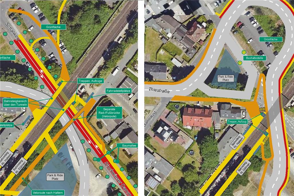 „Unnötig teuer und überdimensioniert“ - Fahrradfreunde kritisieren DB-Pläne in Sythen Rechts der weiträumige Fahrbahnverlauf im Plan der Deutschen Bahn, links die 2-Tunnel-Lösung von Haltern Fahrradfreundlich.