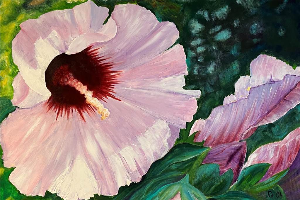 Renate Walter und Lambertusstift tauschen Blumenbilder gegen Spende Eine Malvenblüte auf Leinwand