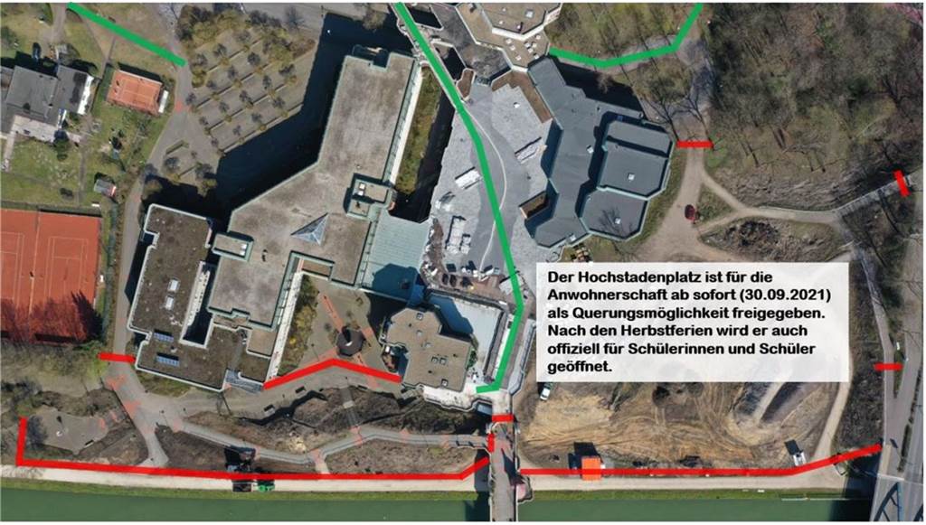 Neugestaltung der Rampenanlage zum Kanaluferweg führt zu Umleitungen Rot bedeutet Absperrung durch Bauzaun, grün Querungsmöglichkeit.