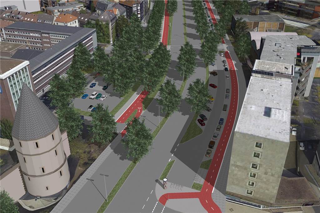 Aufruf zur Verkehrswende: Umsteigern-Kampagne ist verspätet gestartet Rot markiert soll der "Radwall" über Ostwall und Schwanenwall führen.