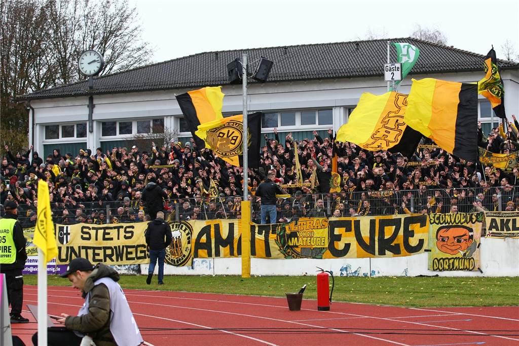 BVB-Fans stehen auf einer Zuschauertribüne.