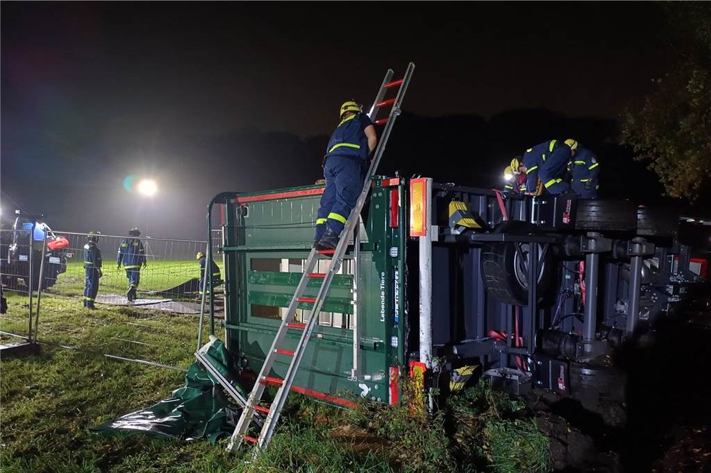 Der Geflügeltransporter war am Schöttelkotter Damm auf die Seite gekippt