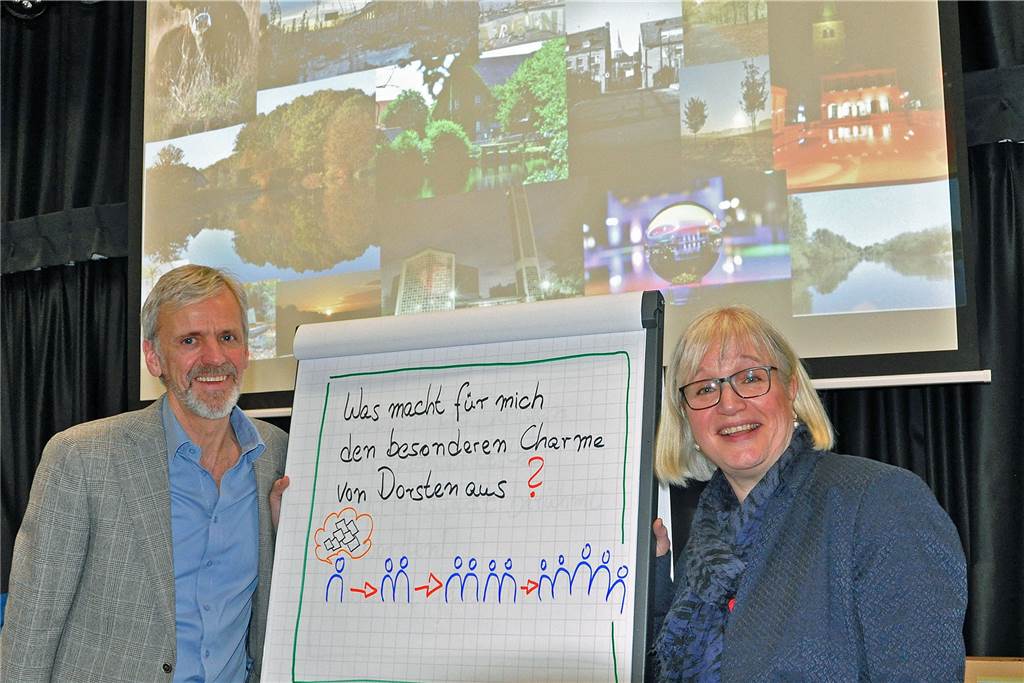 Stadtmarketing-Prozess nimmt Fahrt auf und Bürger mit Sabine Fischer, Leiterin der Stadtagentur, und der externe Moderator Rolf Schneidereit aus Köln führten durch den Abend.