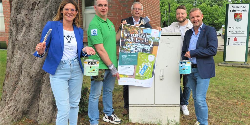Stromkästen in Schermbeck sollen bunter werden Sabrina Greiwe, Norbert Grewing, Marcel Oppenberg, Jan Zajdel und Mike Rexforth (v.l.) laden zu der Aktion „Schermbeck malt bunt!“ ein.