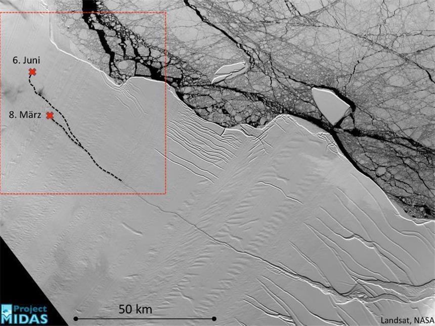 Gigantischer Eisberg bricht bald in der Antarktis ab Satellitenbild vom März 2017 mit der ganzen Länge des Risses des Larsen-C-Schelfeises. Wann der Koloss sich vom Schelfeis löst, können Forscher nicht genau vorhersagen. Foto: Landsat/NASA/Archiv