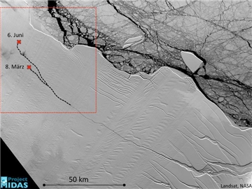 Satellitenbild vom März 2017 mit der ganzen Länge des Risses des Larsen-C-Schelfeises. Wann der Koloss sich vom Schelfeis löst, können Forscher nicht genau vorhersagen. Foto: Landsat/NASA/Archiv